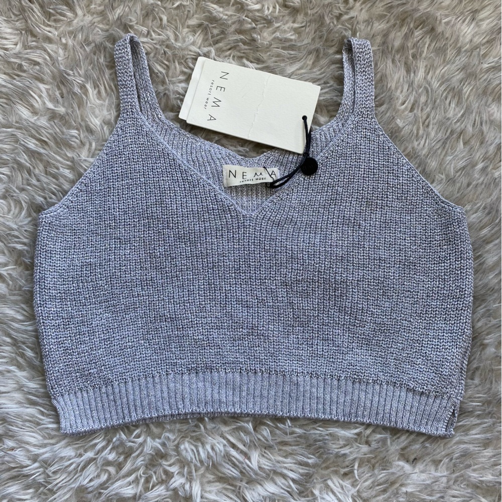 NWT Nema Greece Resort Wear Knit Metallic Silver Crop Top Vacation Summer tank